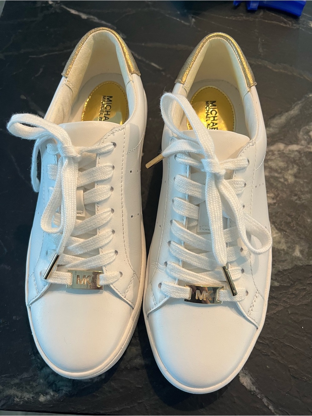 Michael Kors White Sneakers with Gold Heel and MK Charm